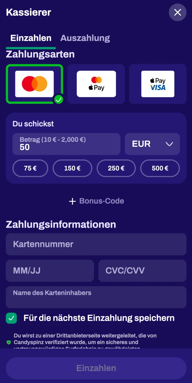 Öffne den Kassenbereich von Candy Spinz, um eine Einzahlungsmethode auszuwählen.