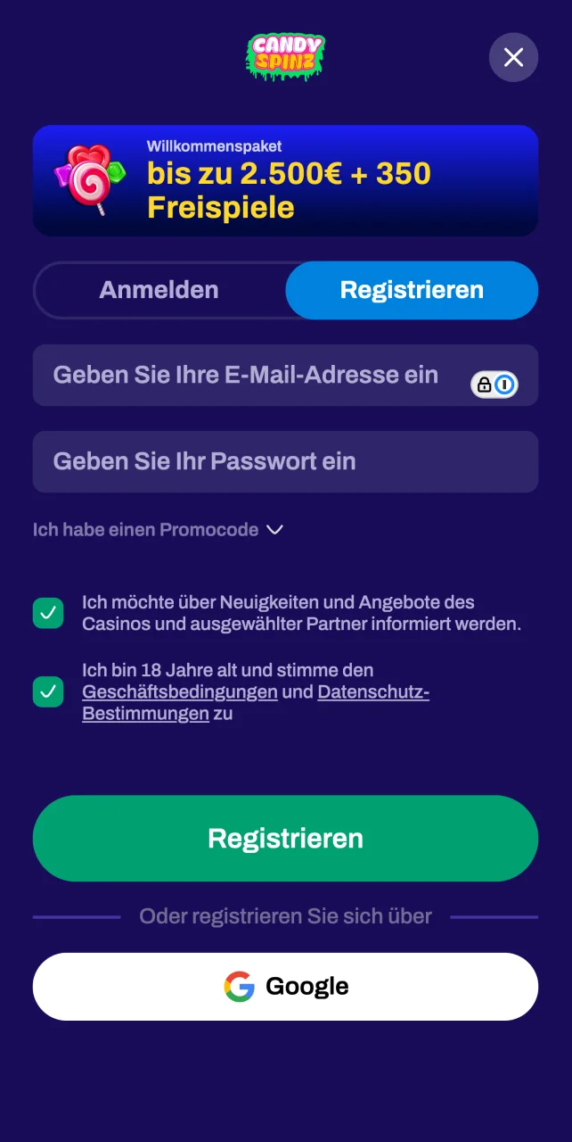 Registrieren Sie sich auf der Candy Spinz-Website, um Ihr Konto aufzuladen.