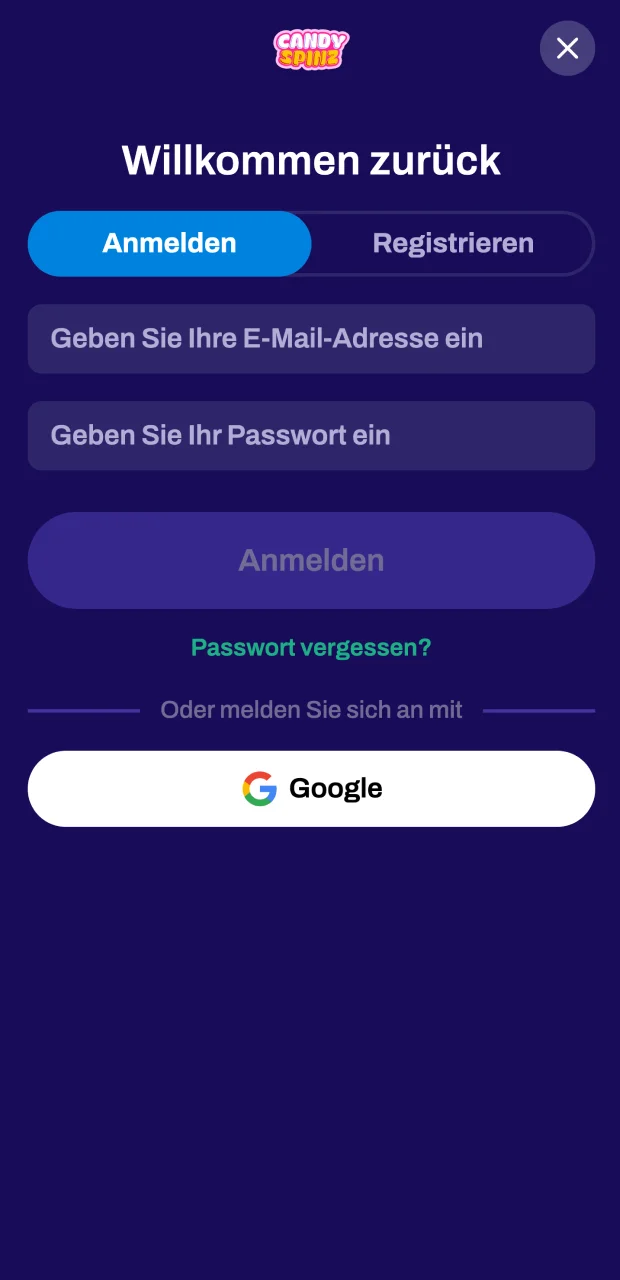 Melde dich zum ersten Mal in deinem Candy Spinz-Konto an.